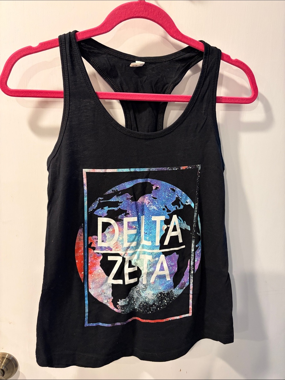 Ideal by Next Level Delta Zeta Black Galaxy-Print Racerback Tank Top Small